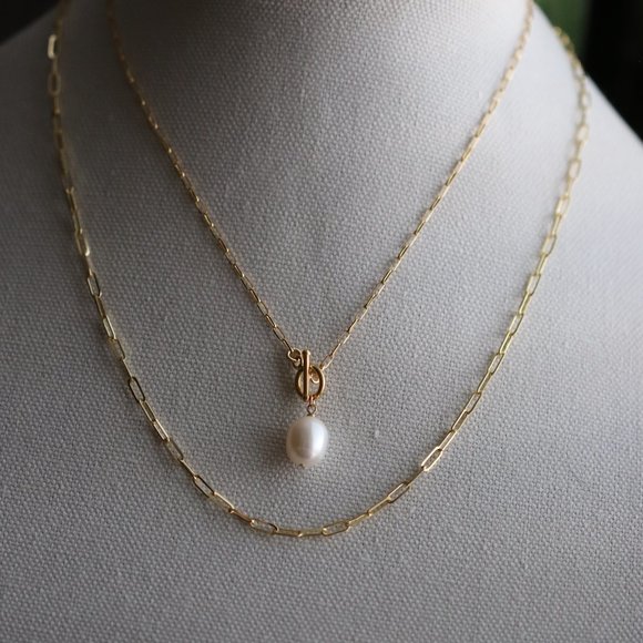 10K Gold Vermeil - Pearl Toggle Paperclip Chain Necklace - Picture 10 of 12